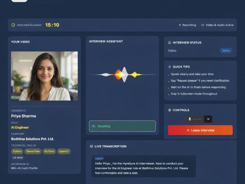 AI interview room with candidate video, live transcription, and session controls